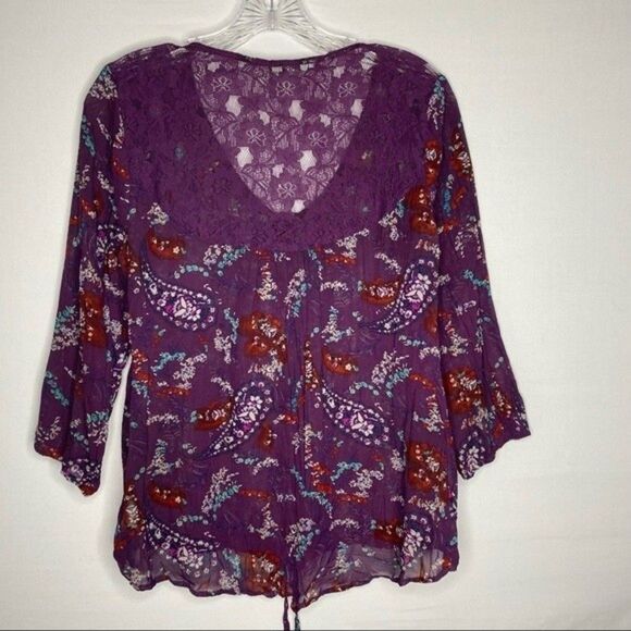 Maurices Purple Sheer Button Down Paisley Floral 3/4 Sleeves Drawstring Waist M - Picture 5 of 9